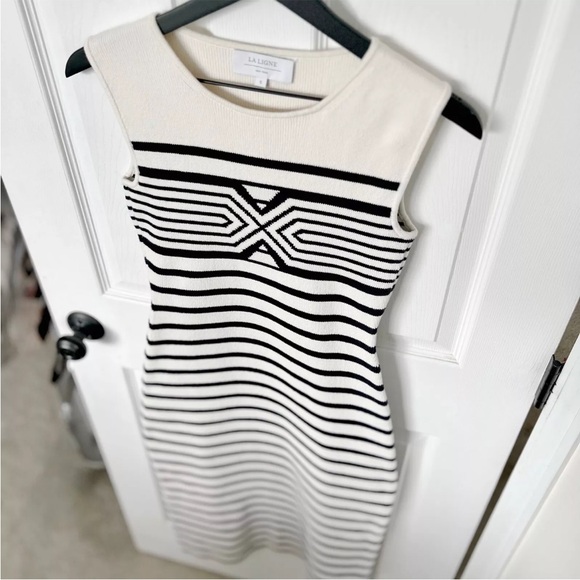 Rare La Ligne Emmanuelle Black Cream Striped SMALL Midi Day Dress Geometric $295 - Picture 11 of 15